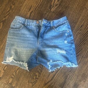 High-Rise Distressed Denim Shorts - Blue